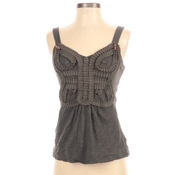 Anthropologie Olive Green Crimped Embellishment Boho Cotten Summer Tank Top S - Picture 1 of 2